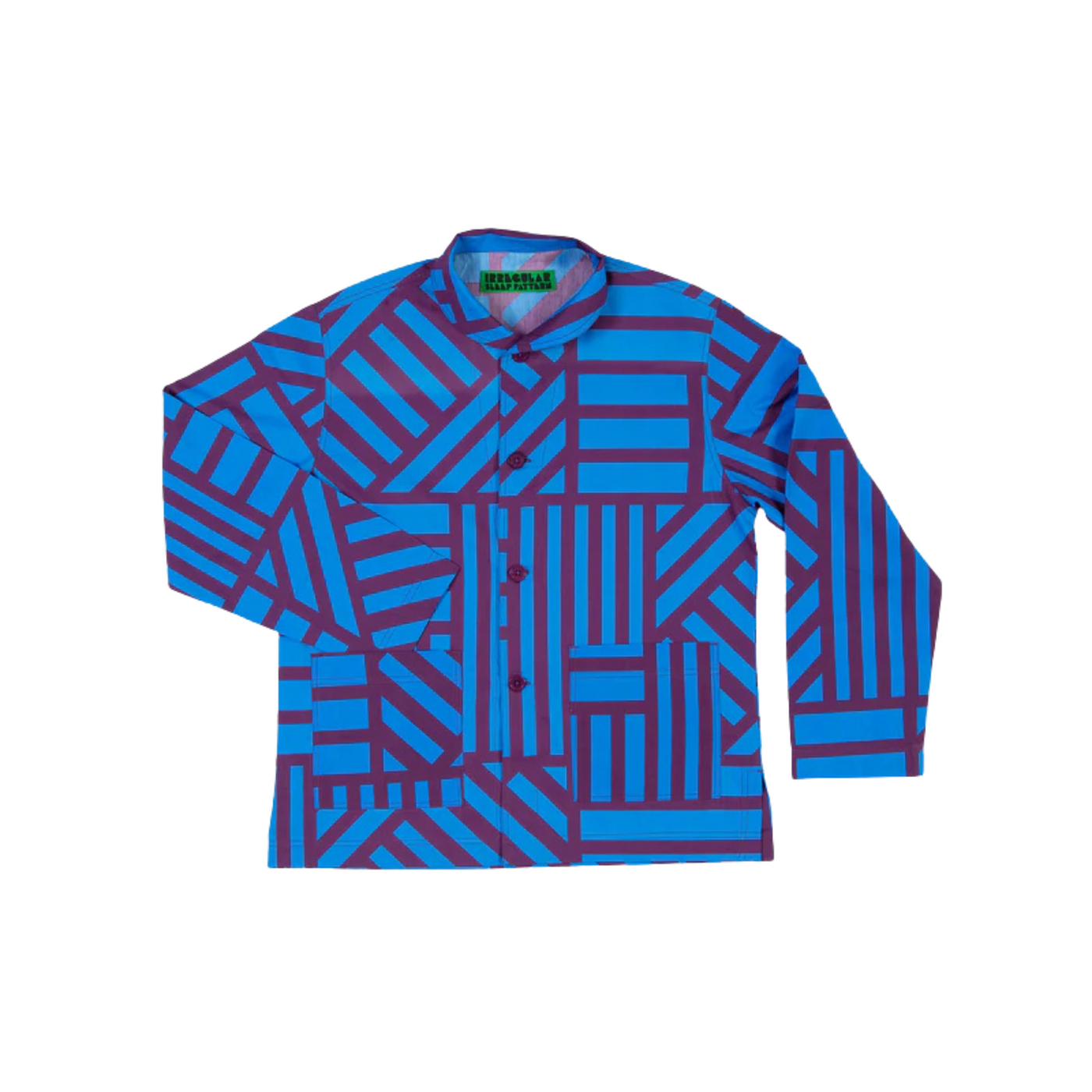 Long-sleeve shirt with blue geometric pattern on a white background