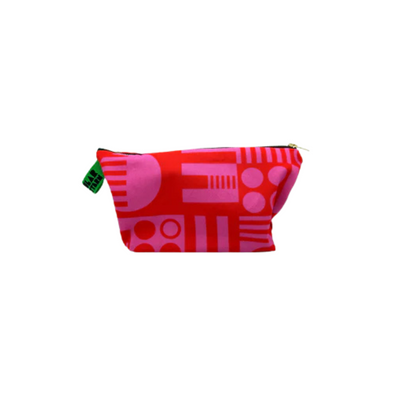Red pouch with pink geometric pattern on a white background