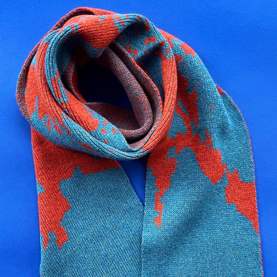 Jess Game Lambswool Knitted Scarf Aqua & Rust