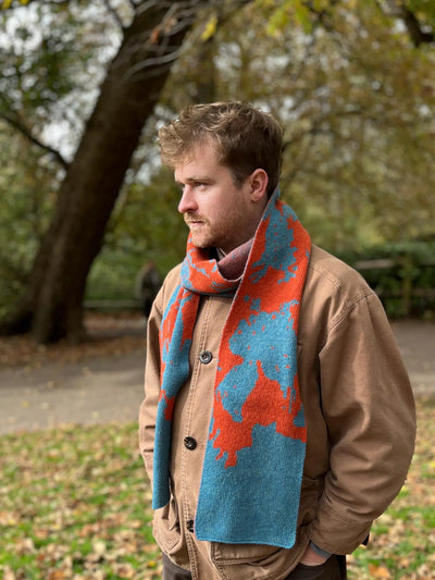 Jess Game Lambswool Knitted Scarf Aqua & Rust