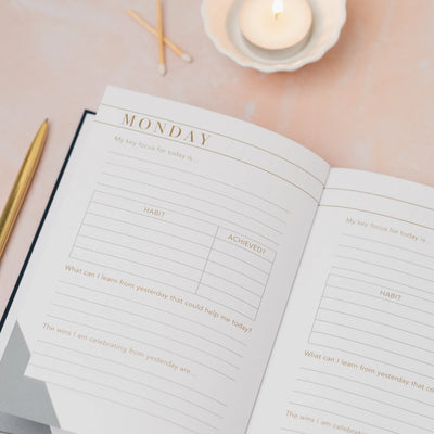 Open planner with a focus on Monday's layout, surrounded by candles and pencils on a soft pink background.