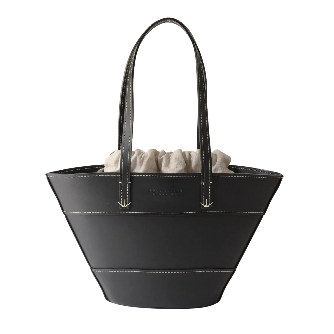 Black handbag with a white interior on a white background