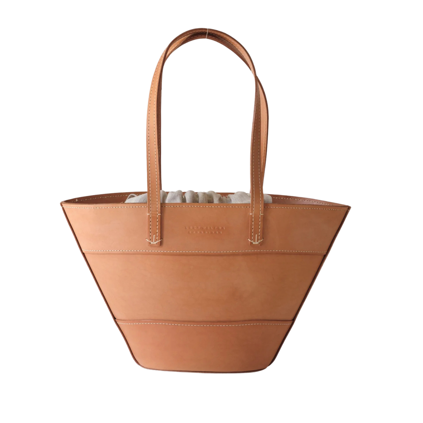 Tan leather tote bag with visible brand name on a white background