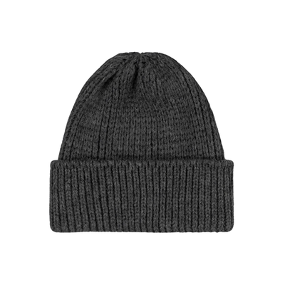Dark gray knit beanie on a white background
