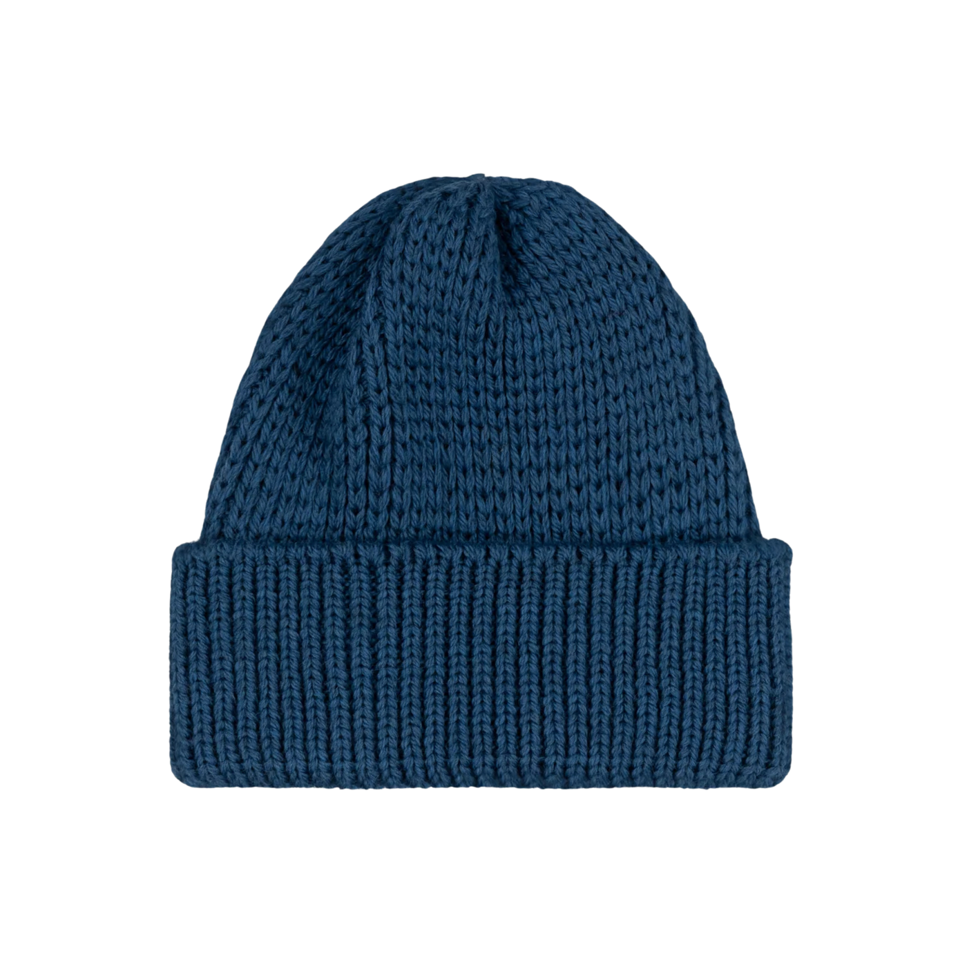 Blue knit beanie on a white background