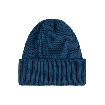 Blue knit beanie on a white background