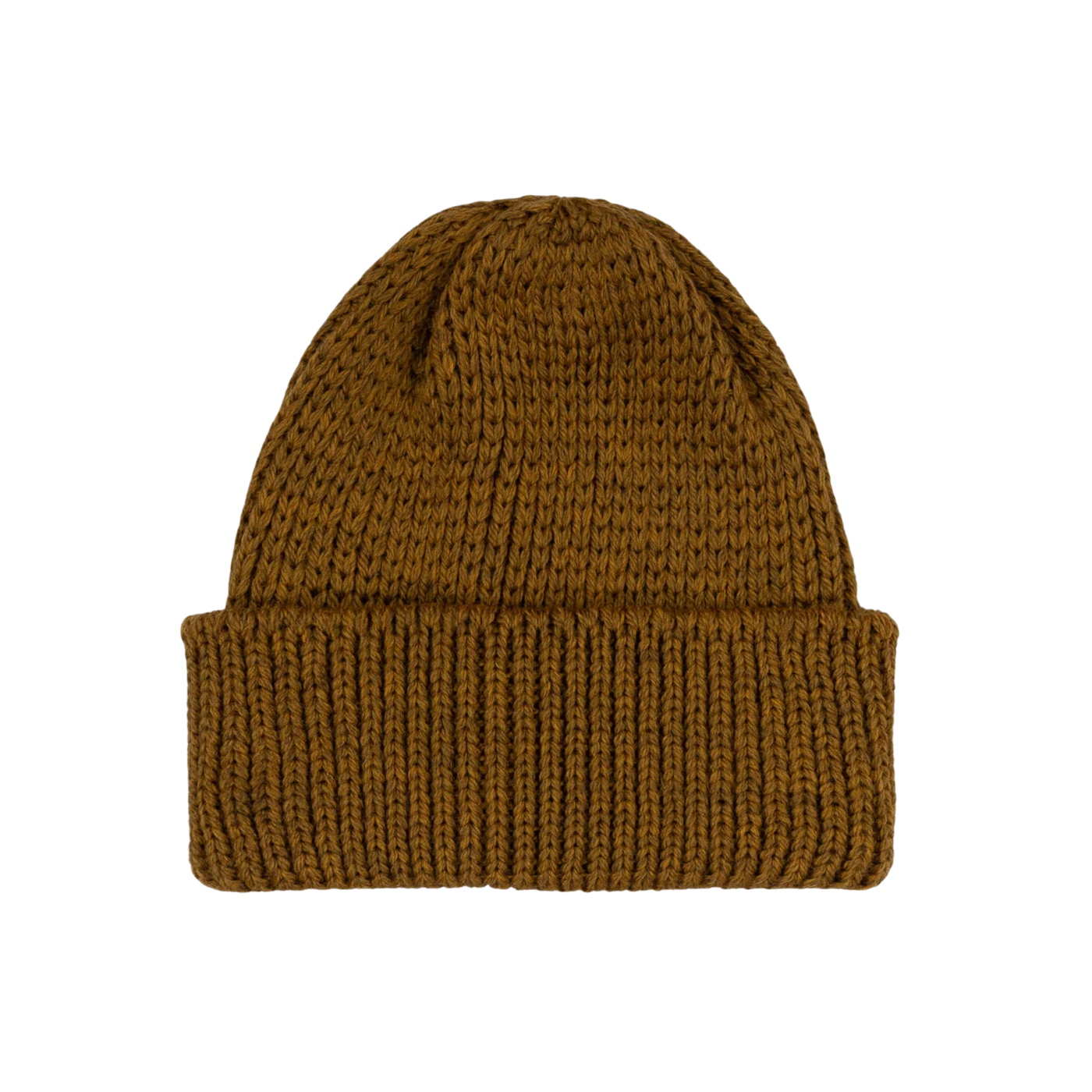 Brown knit beanie on a white background