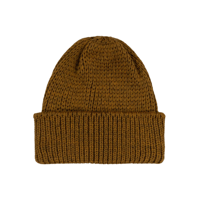 Brown knit beanie on a white background