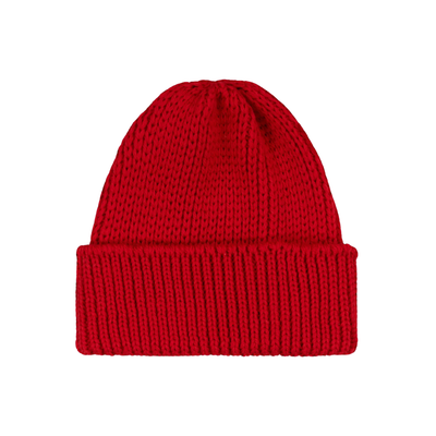 Red knit beanie on a white background