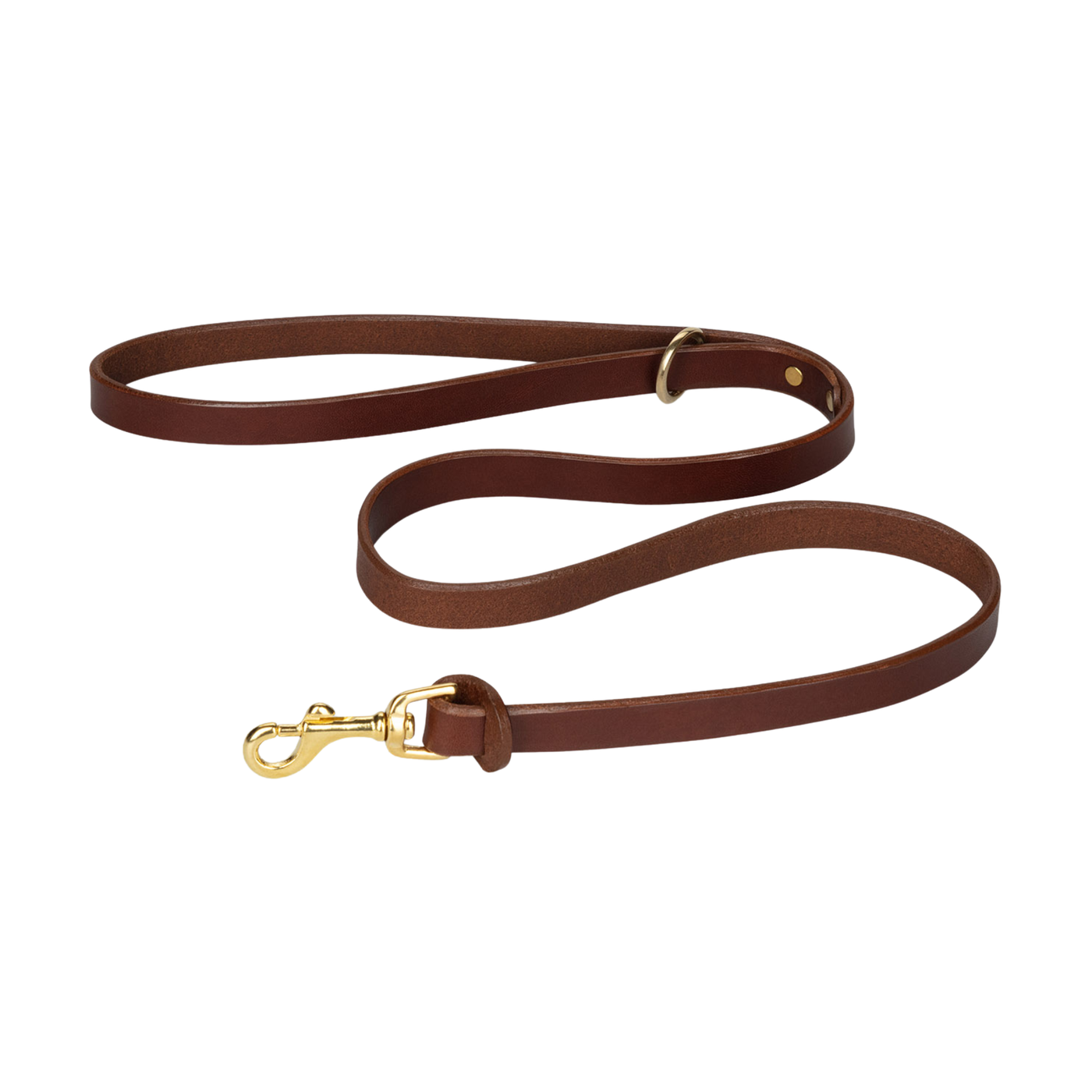 Brown leather dog leash with gold clip on a white background