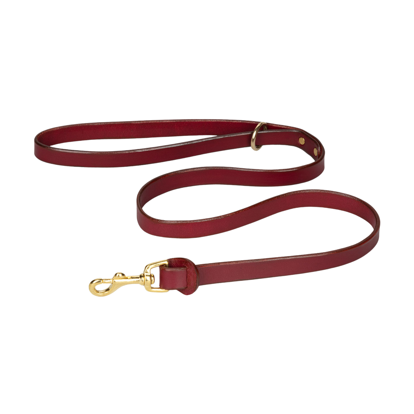 Red dog leash with gold clasp on a white background