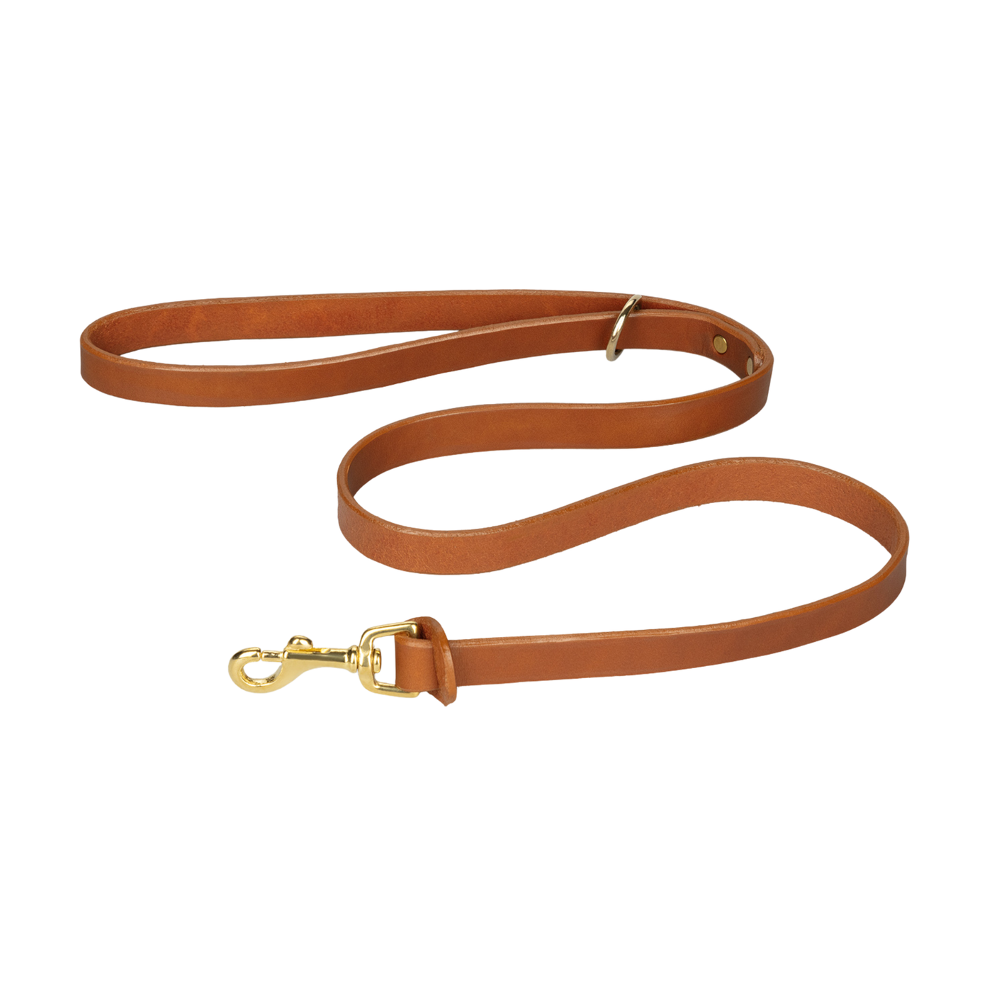 Brown leather dog leash with gold clasp on a white background