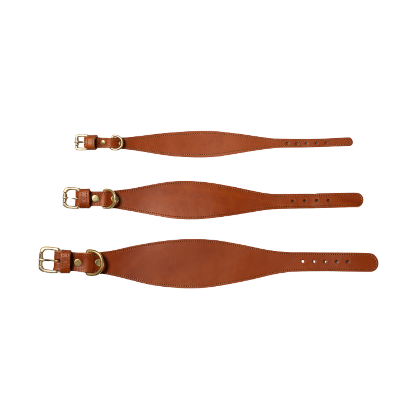 Three brown leather straps with gold buckles on a white background