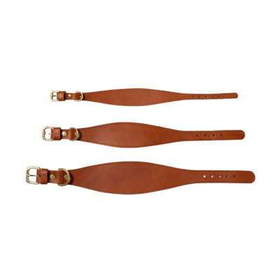 Three brown leather straps with gold buckles on a white background