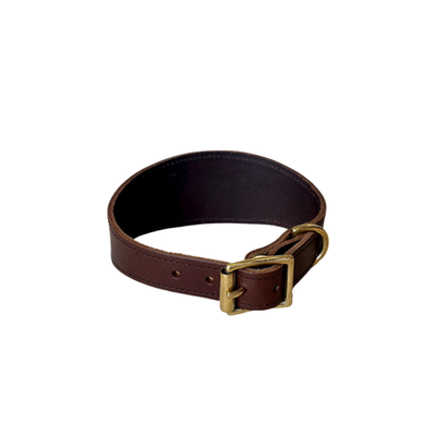 Brown leather belt with brass buckle on a white background