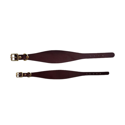 Two brown leather girth straps with brass buckles on a white background