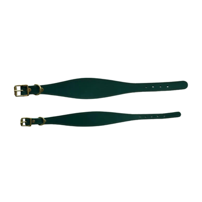 Two green leather straps with gold buckles on a white background