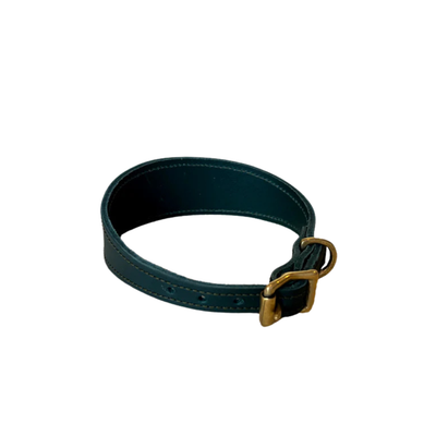 Green leather belt with a gold buckle on a white background