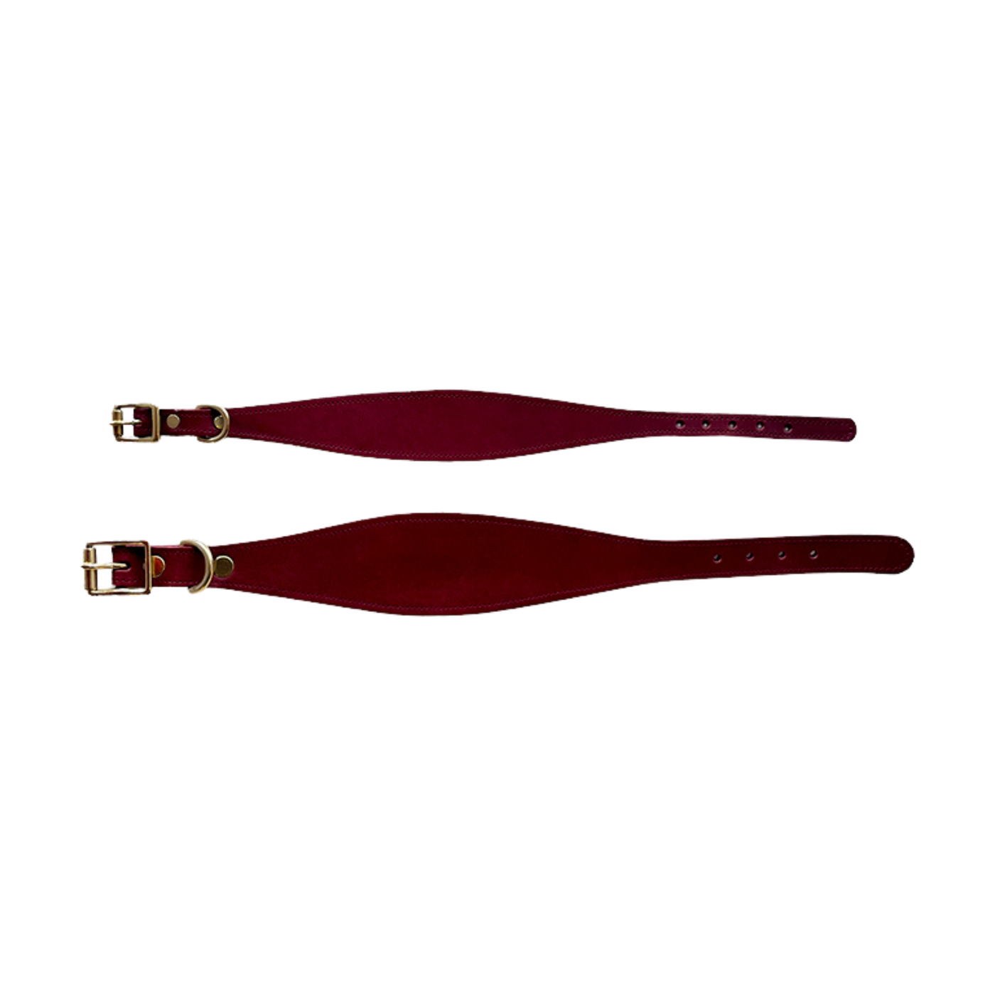 Two burgundy leather girth straps with brass buckles on a white background