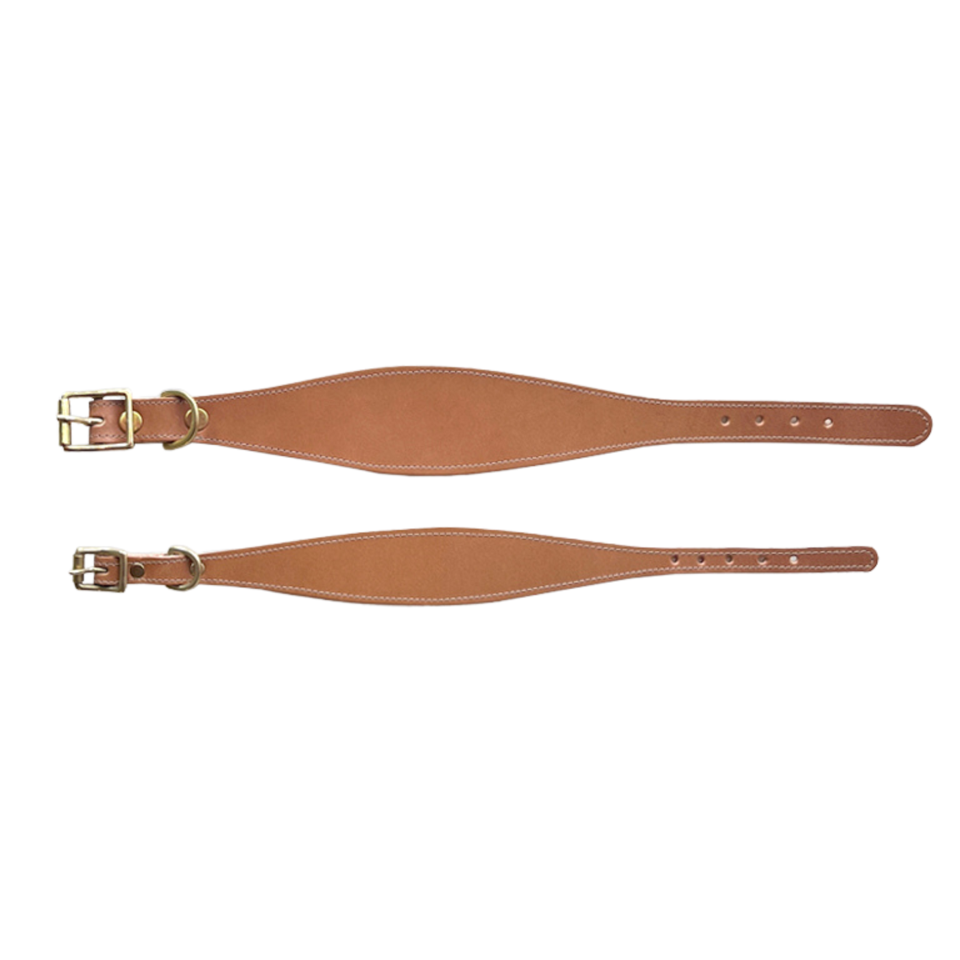 Two brown leather girth straps with brass buckles on a white background