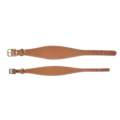Two brown leather girth straps with brass buckles on a white background