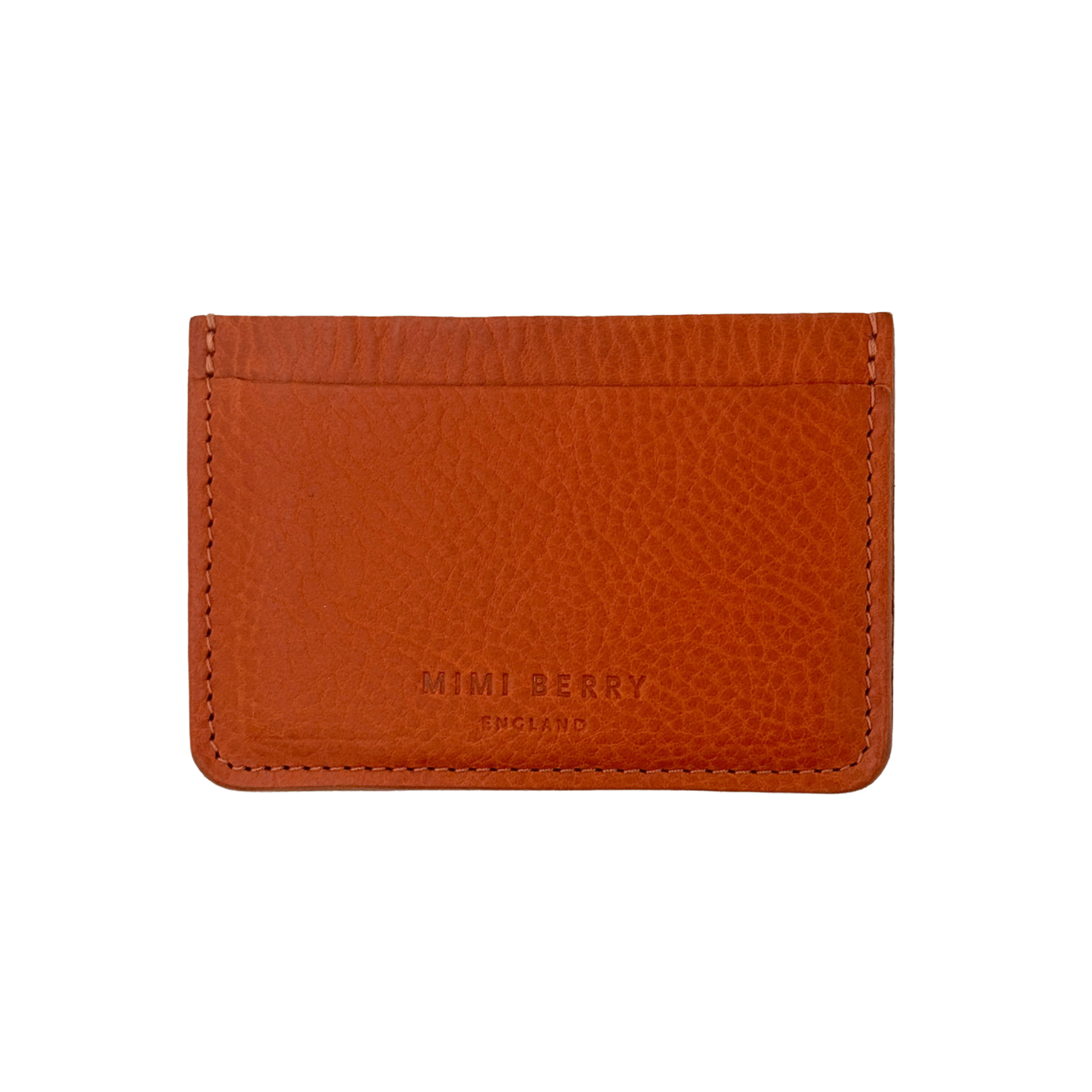 Orange leather cardholder with 'Mimi Berry' branding on a white background