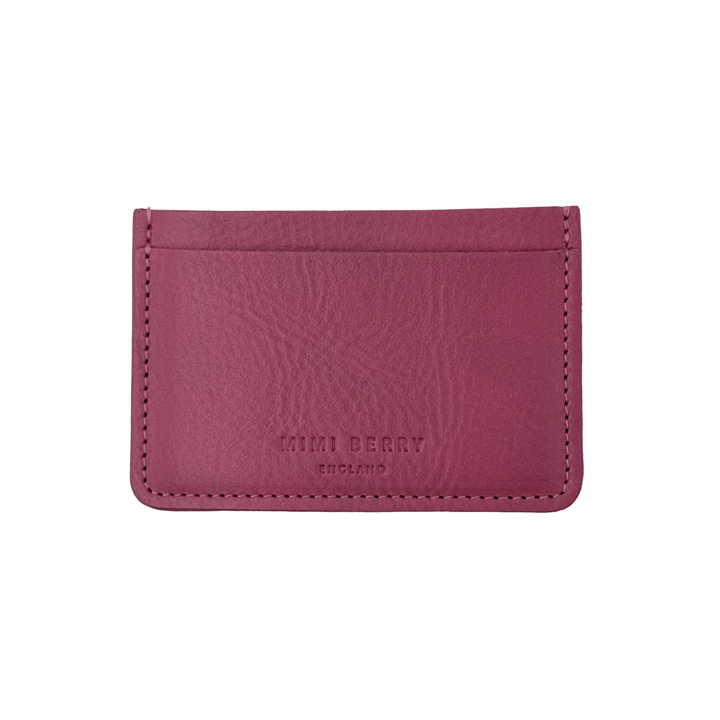 Mauve leather cardholder with 'Mini Berry' branding on a white background