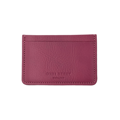 Mauve leather cardholder with 'Mini Berry' branding on a white background