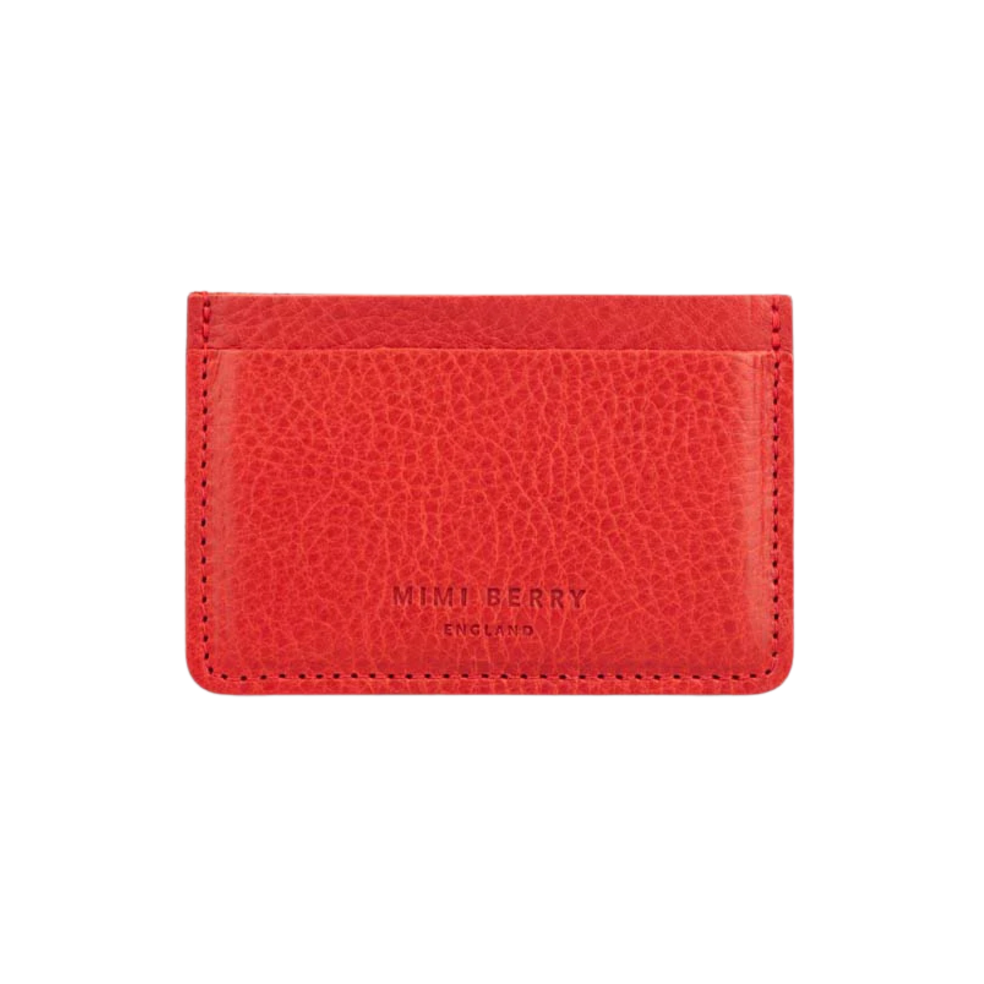 Red cardholder with 'Mimi Berry' branding on a white background