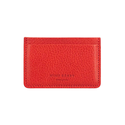Red cardholder with 'Mimi Berry' branding on a white background