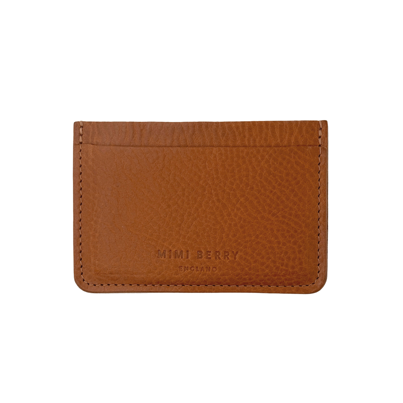 Brown leather cardholder with 'Mimi Berry' branding on a white background