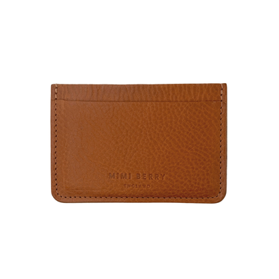 Brown leather cardholder with 'Mimi Berry' branding on a white background