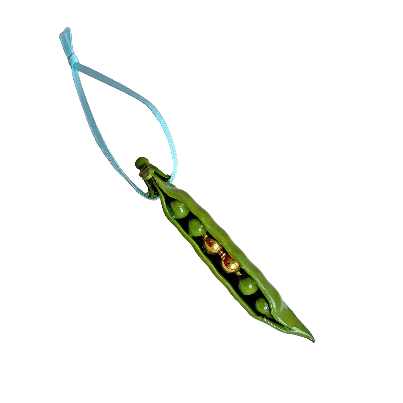 Green pea pod charm with three peas on a white background