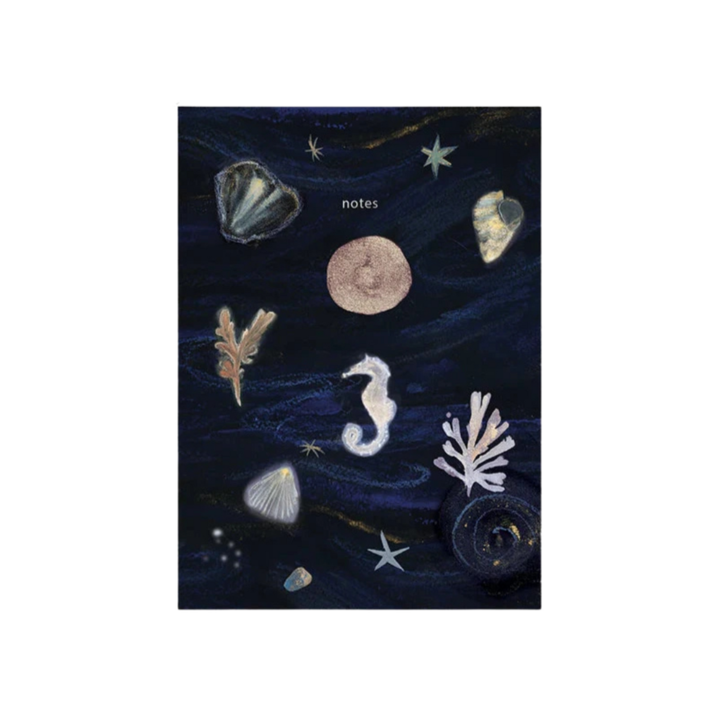 Notebook cover with ocean-themed illustrations on a dark blue background