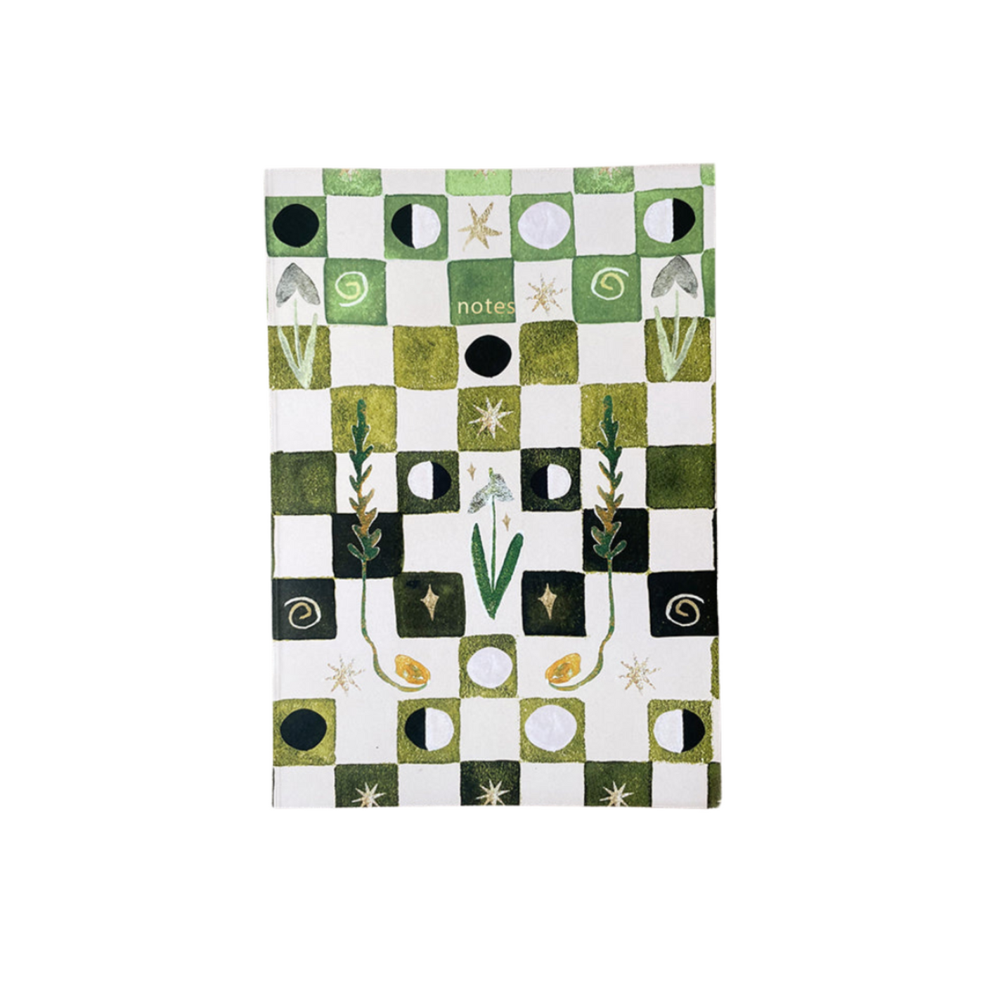 Notebook with green and white checkered pattern and plant illustrations on a white background