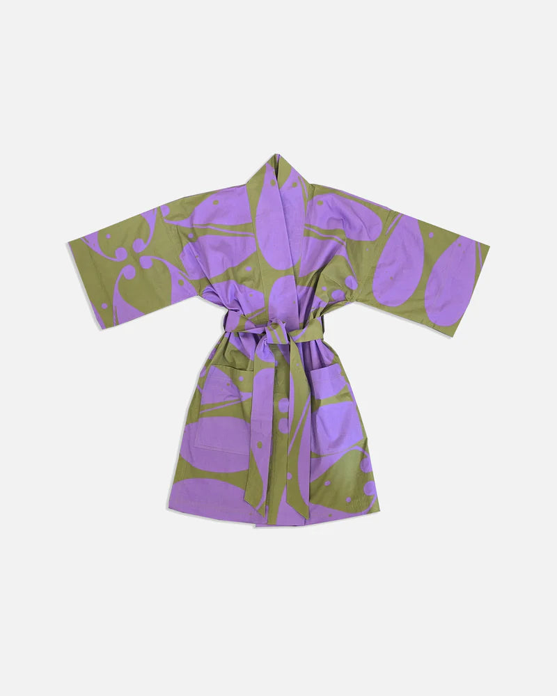Purple and green patterned robe on a white background