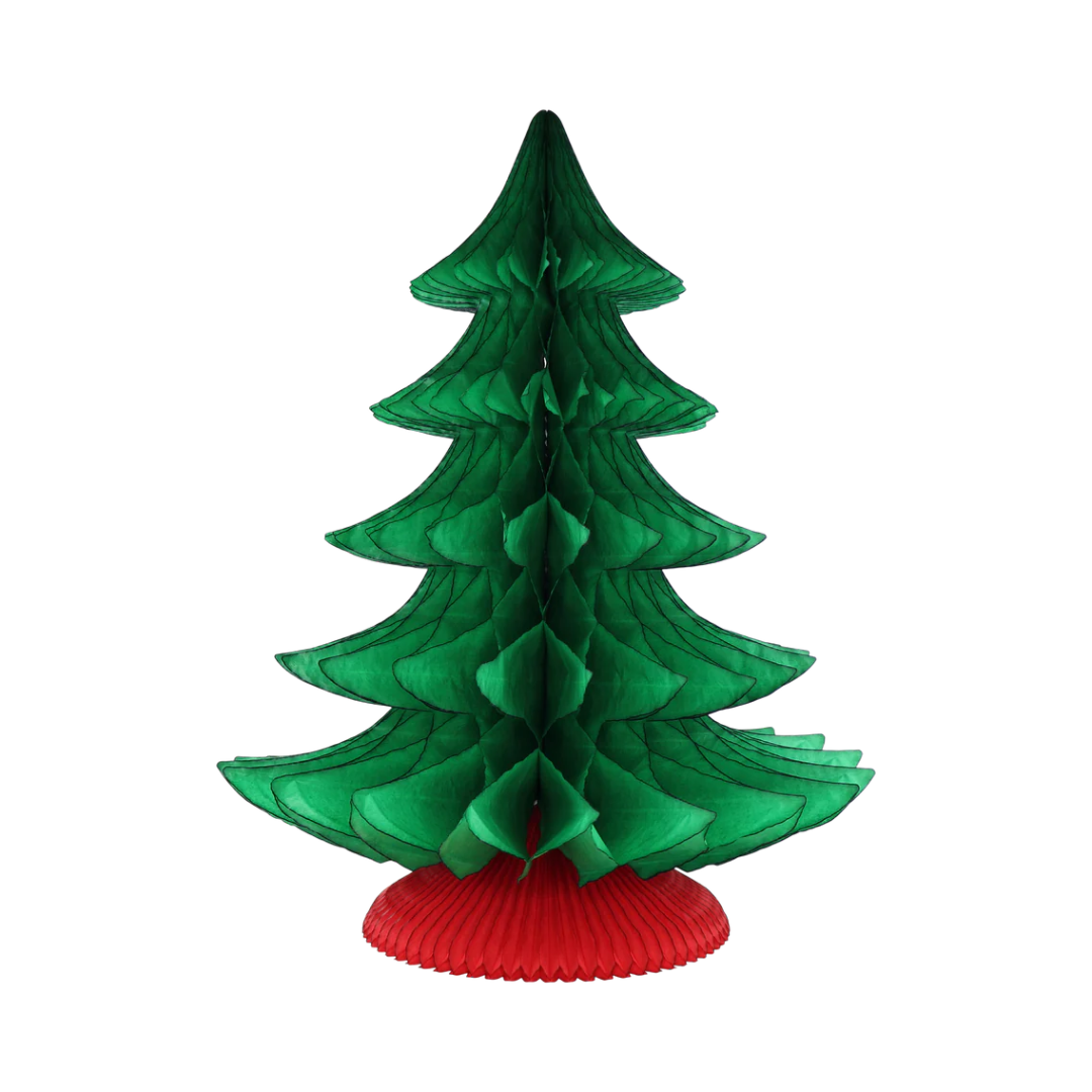 A traditionally designed green Christmas tree made from sustainably sourced paper with a red base, standing 40cm tall.