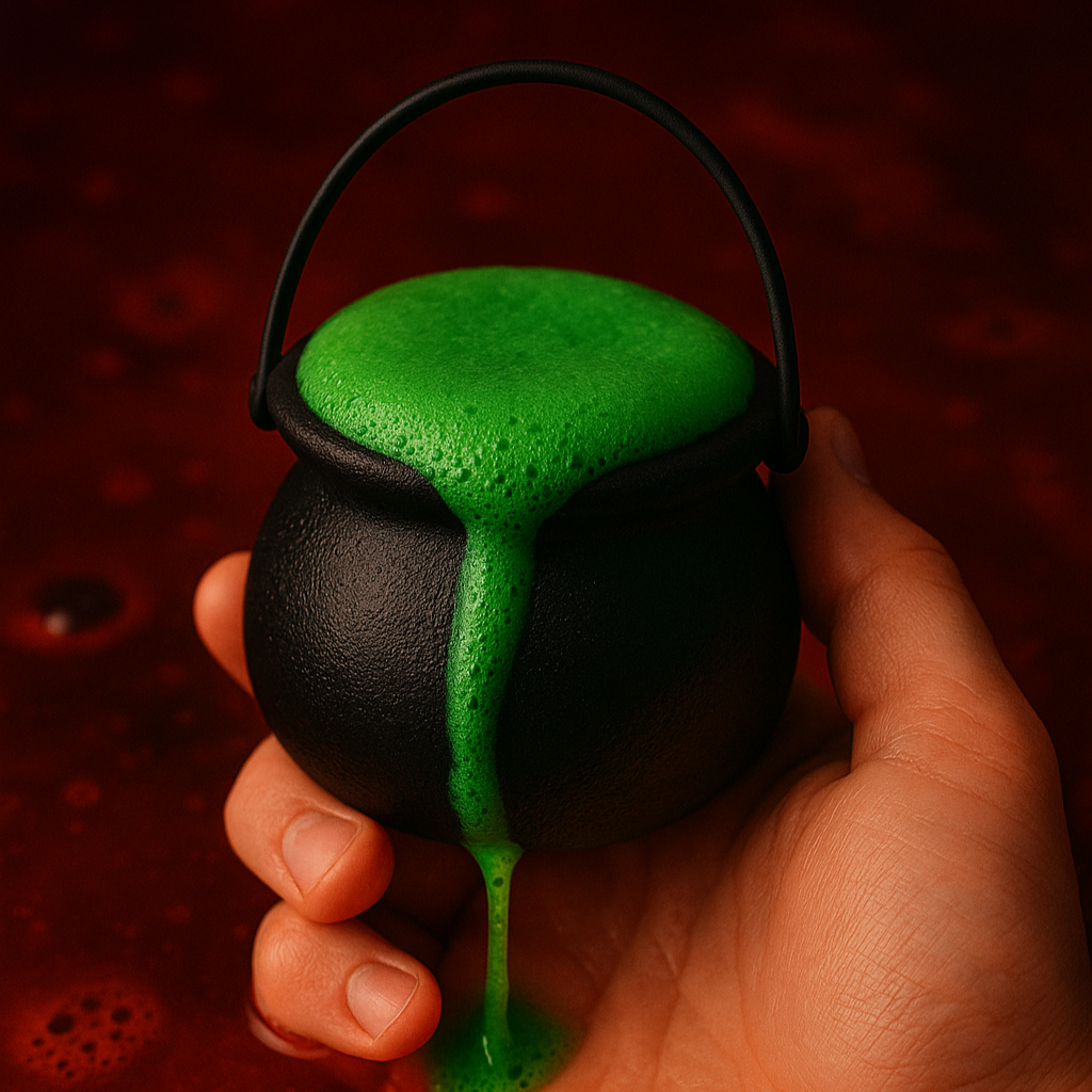 Hand holding a green and black object against a dark background