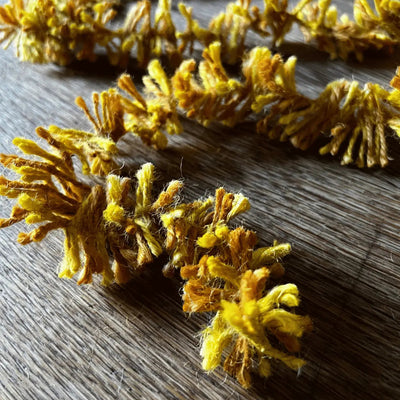 Yellow dried flowers on a wooden surface