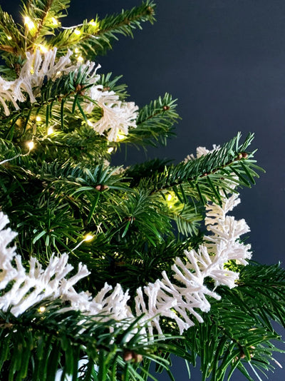 Close-up of a decorated Christmas tree with lights and white accents against a dark background