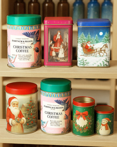 Collection of Fortnum & Mason Christmas coffee tins on a wooden shelf.