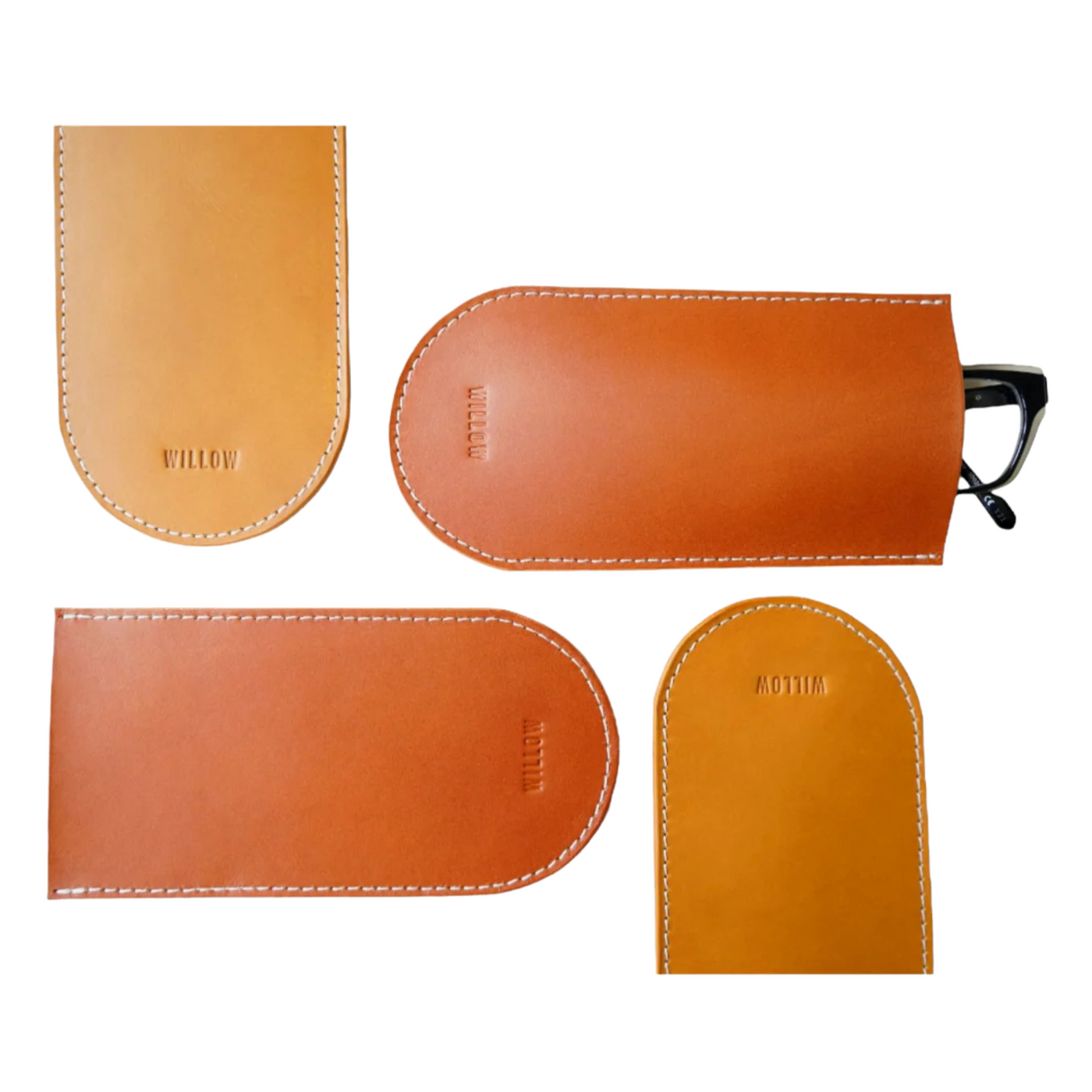 Set of brown leather pouches with 'WILLOW' branding on a white background