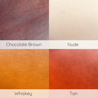 Color swatches of chocolate brown, nude, whiskey, and tan on a white background.