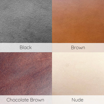 Color swatches of black, brown, chocolate brown, and nude on a gray background