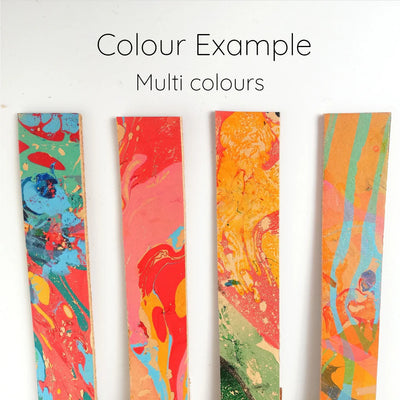 Four colorful marbled strips with text 'Colour Example Multi colours' on a white background