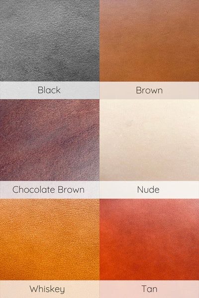 Color swatches of black, brown, chocolate brown, nude, whiskey, and tan.